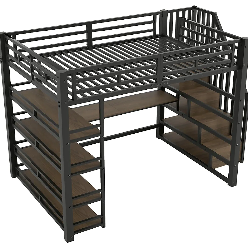 Okwish Lit Mezzanine Double 140x200 cm - Éclairage LED et Escaliers Sécurisés, Bureau Intégré et Rangements, sans Matelas - Métal Noir* Lit Mezzanine