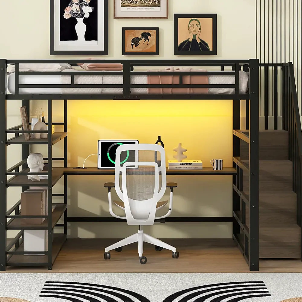 Okwish Lit Mezzanine Double 140x200 cm - Éclairage LED et Escaliers Sécurisés, Bureau Intégré et Rangements, sans Matelas - Métal Noir* Lit Mezzanine