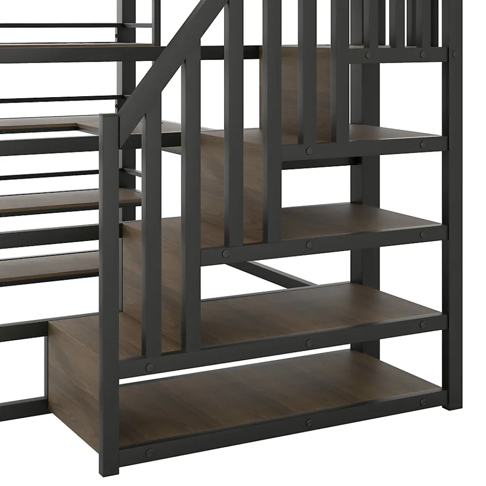 Okwish Lit Mezzanine Double 140x200 cm - Éclairage LED et Escaliers Sécurisés, Bureau Intégré et Rangements, sans Matelas - Métal Noir* Lit Mezzanine