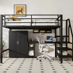 Lit Mezzanine Double 140x200 cm - Avec Bureau et Armoire, Escalier avec Rangements Intégrés - Sans Matelas - Noir>Okwish Clearance