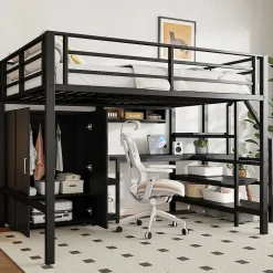 Lit Mezzanine Double 140x200 cm - Avec Bureau et Armoire, Escalier avec Rangements Intégrés - Sans Matelas - Noir><noscript><img width=
