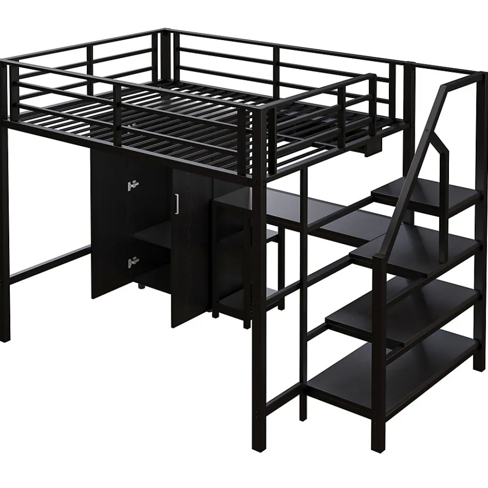 Lit Mezzanine Double 140x200 cm - Avec Bureau et Armoire, Escalier avec Rangements Intégrés - Sans Matelas - Noir>Okwish Clearance
