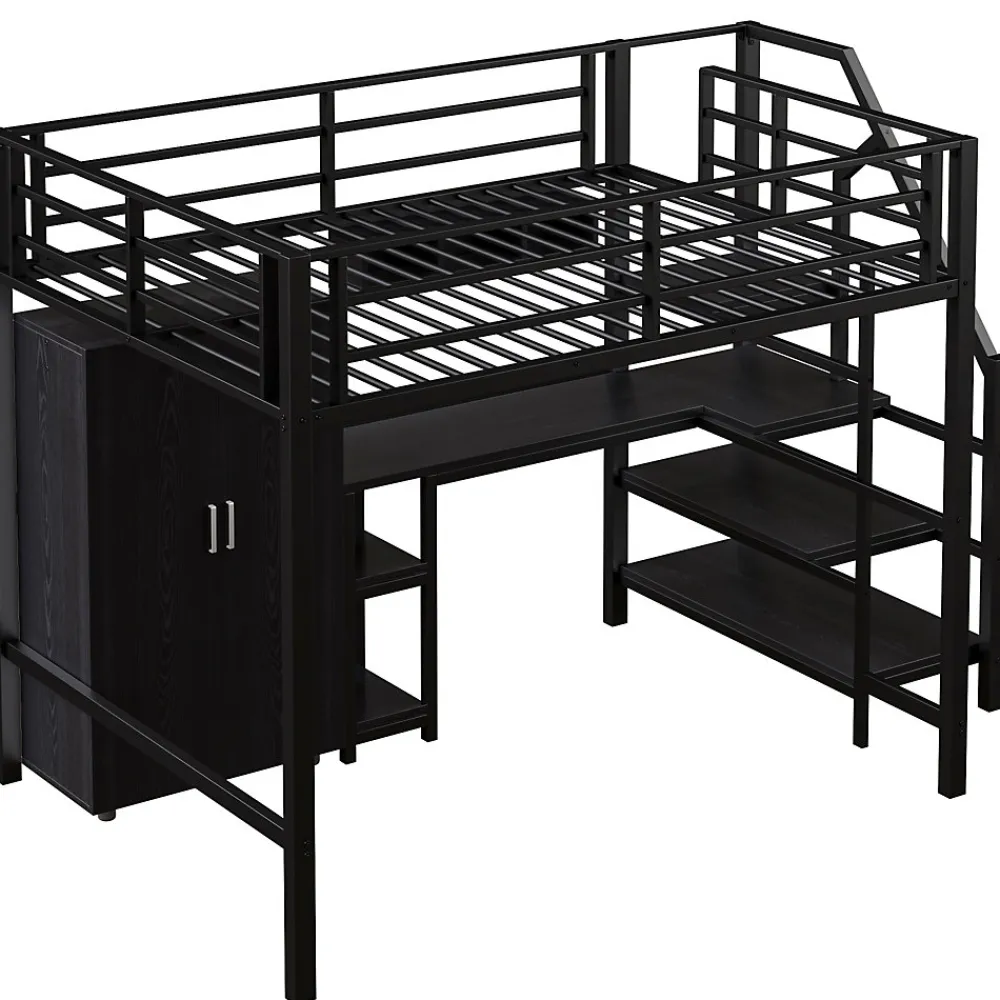 Lit Mezzanine Double 140x200 cm - Avec Bureau et Armoire, Escalier avec Rangements Intégrés - Sans Matelas - Noir>Okwish Clearance