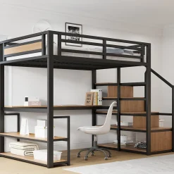 Lit mezzanine double 140x200 cm en métal avec bureau et étagères intégrés - gain de place pour chambre ado - noir><noscript><img width=