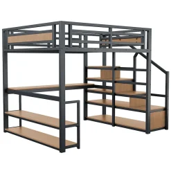 Lit mezzanine double 140x200 cm en métal avec bureau et étagères intégrés - gain de place pour chambre ado - noir><noscript><img width=
