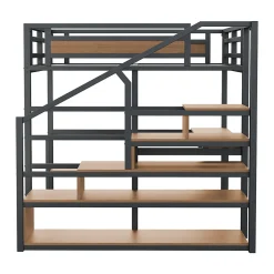 Lit mezzanine double 140x200 cm en métal avec bureau et étagères intégrés - gain de place pour chambre ado - noir><noscript><img width=
