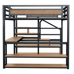Lit mezzanine double 140x200 cm en métal avec bureau et étagères intégrés - gain de place pour chambre ado - noir><noscript><img width=