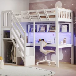 Lit mezzanine en bois massif 90x200cm LED - avec échelle de rangement - bureau et port USB - blanc (matelas non inclus)>ModernLuxe Online