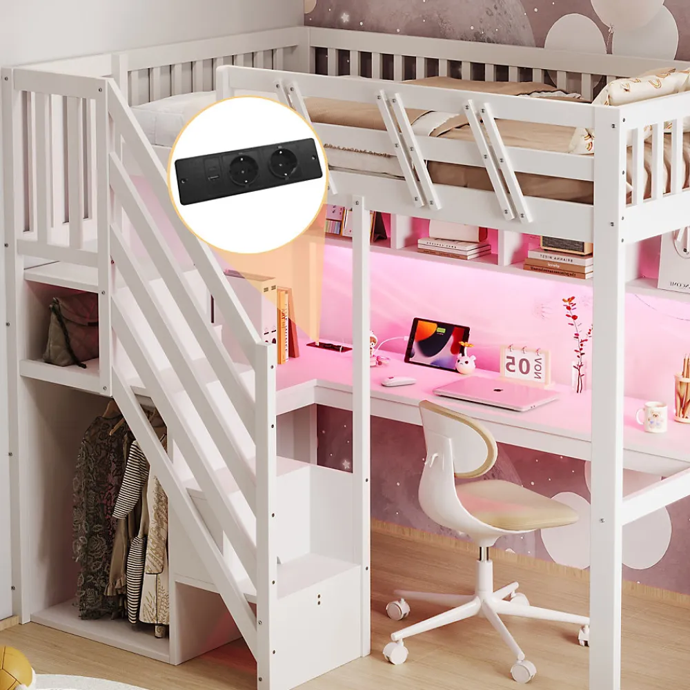 Lit mezzanine en bois massif 90x200cm LED - avec échelle de rangement - bureau et port USB - blanc (matelas non inclus)>ModernLuxe Online