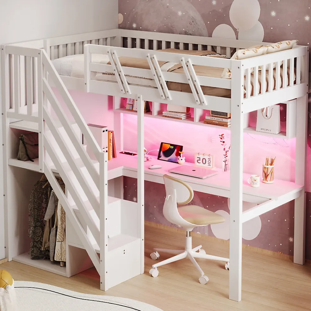 Lit mezzanine en bois massif 90x200cm LED - avec échelle de rangement - bureau et port USB - blanc (matelas non inclus)>ModernLuxe Online