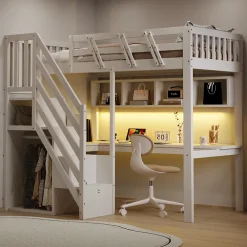 Lit mezzanine en bois massif 90x200cm LED - avec échelle de rangement - bureau et port USB - blanc (matelas non inclus)><noscript><img width=