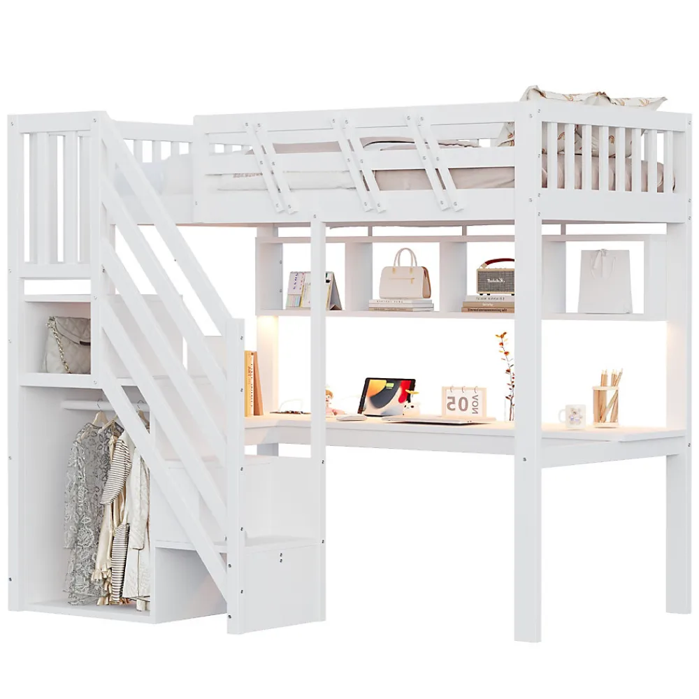Lit mezzanine en bois massif 90x200cm LED - avec échelle de rangement - bureau et port USB - blanc (matelas non inclus)>ModernLuxe Online