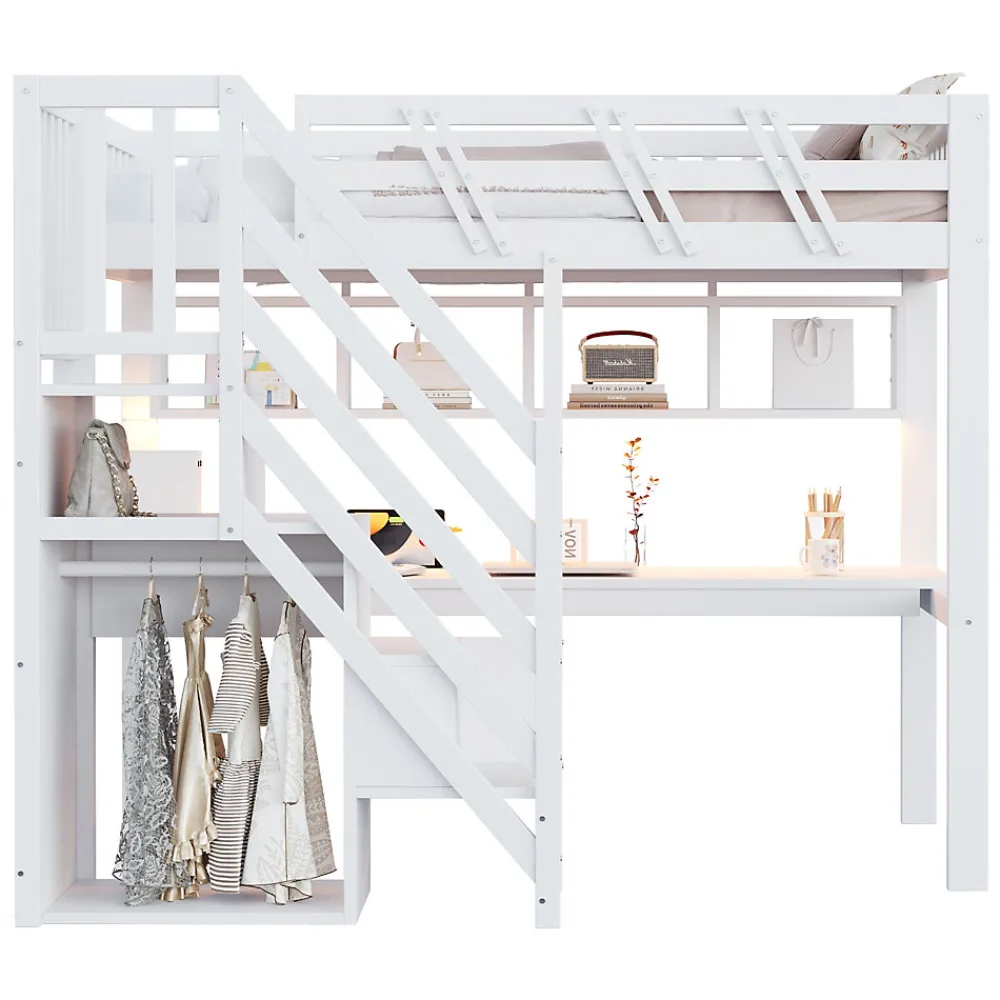 Lit mezzanine en bois massif 90x200cm LED - avec échelle de rangement - bureau et port USB - blanc (matelas non inclus)>ModernLuxe Online