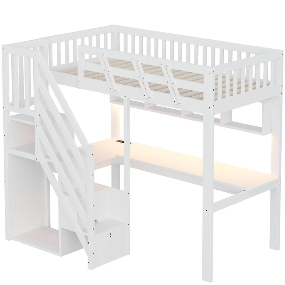 Lit mezzanine en bois massif 90x200cm LED - avec échelle de rangement - bureau et port USB - blanc (matelas non inclus)>ModernLuxe Online
