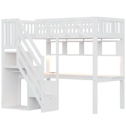 Lit mezzanine en bois massif 90x200cm LED - avec échelle de rangement - bureau et port USB - blanc (matelas non inclus)><noscript><img width=