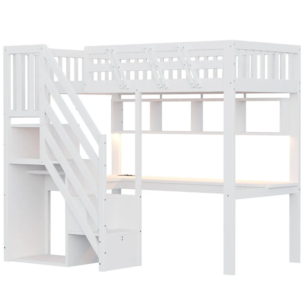 Lit mezzanine en bois massif 90x200cm LED - avec échelle de rangement - bureau et port USB - blanc (matelas non inclus)>ModernLuxe Online