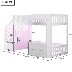 ModernLuxe Lit mezzanine en bois 90x200cm - avec armoire - escalier de rangement - éclairage LED - blanc (matelas non inclus)* Lit Mezzanine