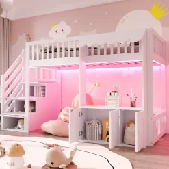 ModernLuxe Lit mezzanine en bois 90x200cm - avec armoire - escalier de rangement - éclairage LED - blanc (matelas non inclus)* Lit Mezzanine