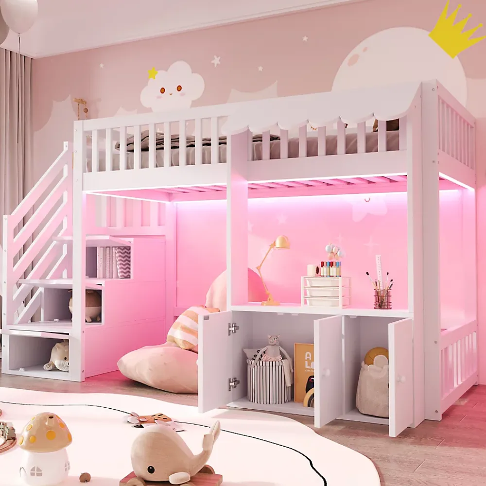 ModernLuxe Lit mezzanine en bois 90x200cm - avec armoire - escalier de rangement - éclairage LED - blanc (matelas non inclus)* Lit Mezzanine