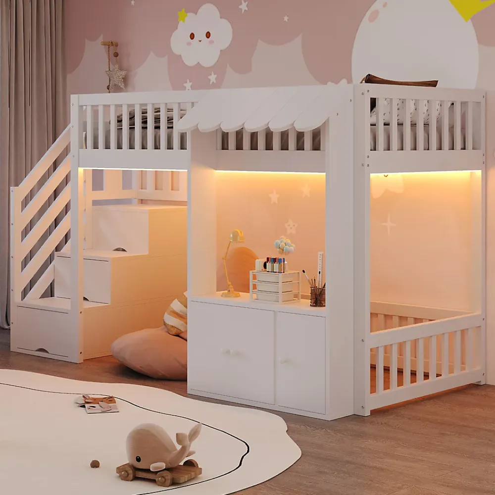ModernLuxe Lit mezzanine en bois 90x200cm - avec armoire - escalier de rangement - éclairage LED - blanc (matelas non inclus)* Lit Mezzanine
