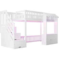 ModernLuxe Lit mezzanine en bois 90x200cm - avec armoire - escalier de rangement - éclairage LED - blanc (matelas non inclus)* Lit Mezzanine