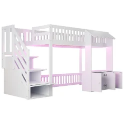 ModernLuxe Lit mezzanine en bois 90x200cm - avec armoire - escalier de rangement - éclairage LED - blanc (matelas non inclus)* Lit Mezzanine