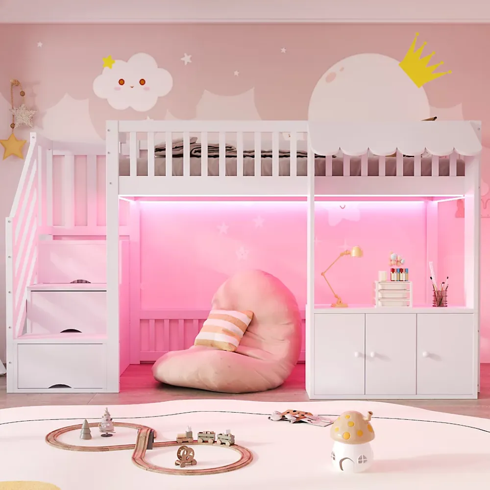 ModernLuxe Lit mezzanine en bois 90x200cm - avec armoire - escalier de rangement - éclairage LED - blanc (matelas non inclus)* Lit Mezzanine