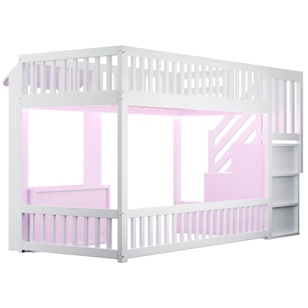 ModernLuxe Lit mezzanine en bois 90x200cm - avec armoire - escalier de rangement - éclairage LED - blanc (matelas non inclus)* Lit Mezzanine
