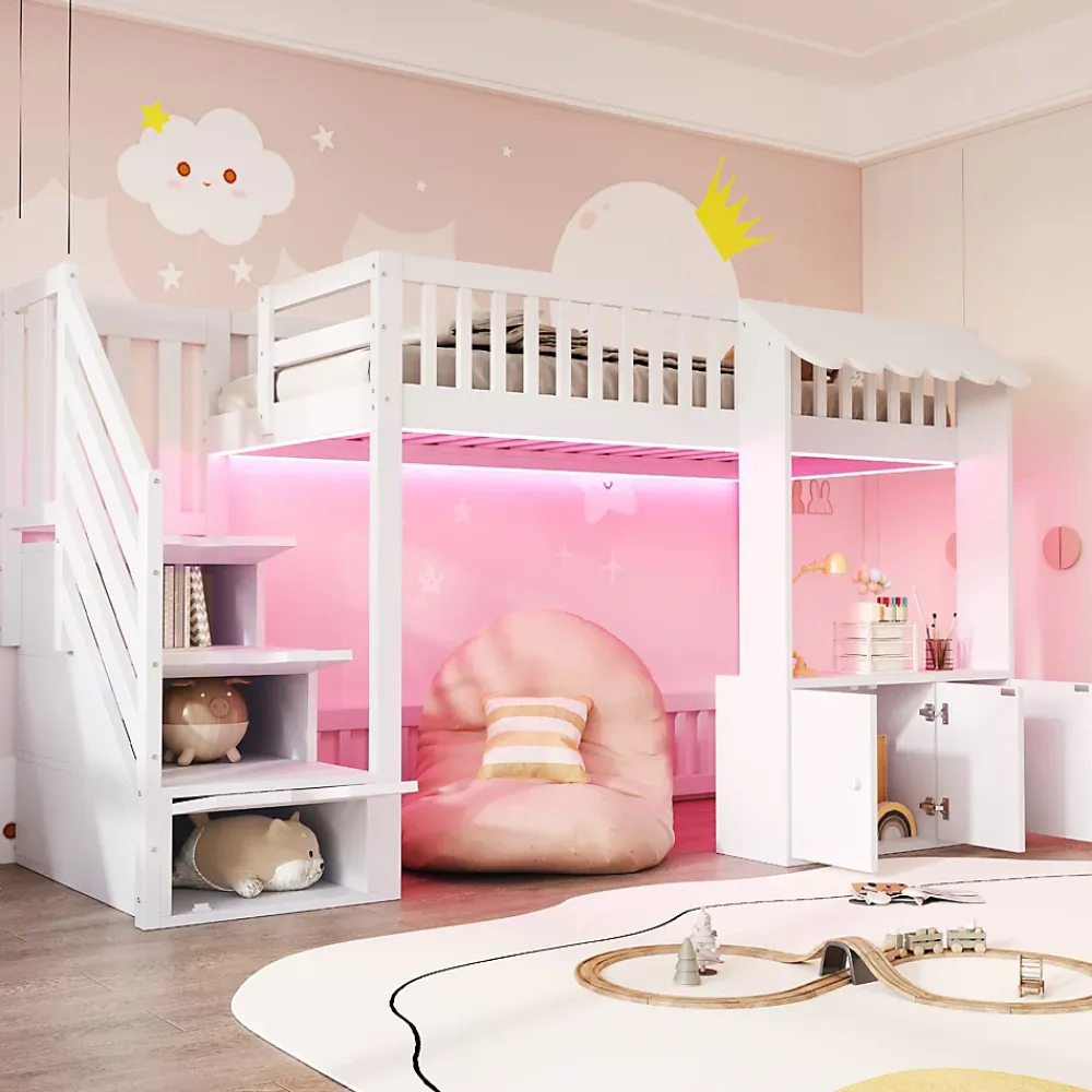 ModernLuxe Lit mezzanine en bois 90x200cm - avec armoire - escalier de rangement - éclairage LED - blanc (matelas non inclus)* Lit Mezzanine