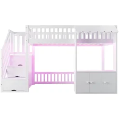 ModernLuxe Lit mezzanine en bois 90x200cm - avec armoire - escalier de rangement - éclairage LED - blanc (matelas non inclus)* Lit Mezzanine