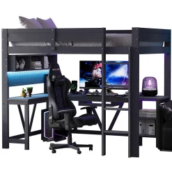 Lit mezzanine en bois 90x200cm - Avec bureau et compartiments de rangement - LED et port de chargement - Gris (sans matelas)><noscript><img width=
