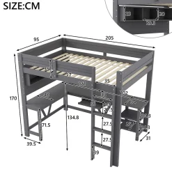 Lit mezzanine en bois 90x200cm - Avec bureau et compartiments de rangement - LED et port de chargement - Gris (sans matelas)><noscript><img width=