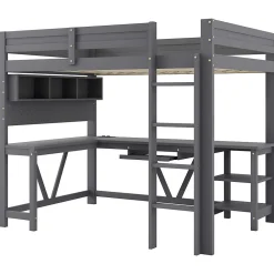 Lit mezzanine en bois 90x200cm - Avec bureau et compartiments de rangement - LED et port de chargement - Gris (sans matelas)><noscript><img width=