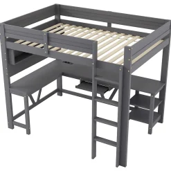 Lit mezzanine en bois 90x200cm - Avec bureau et compartiments de rangement - LED et port de chargement - Gris (sans matelas)><noscript><img width=