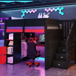 Lit mezzanine en bois 140x200cm avec LED et port USB - Bureau et armoire - Échelle de rangement - Noir+Rouge (sans matelas)>ModernLuxe Sale