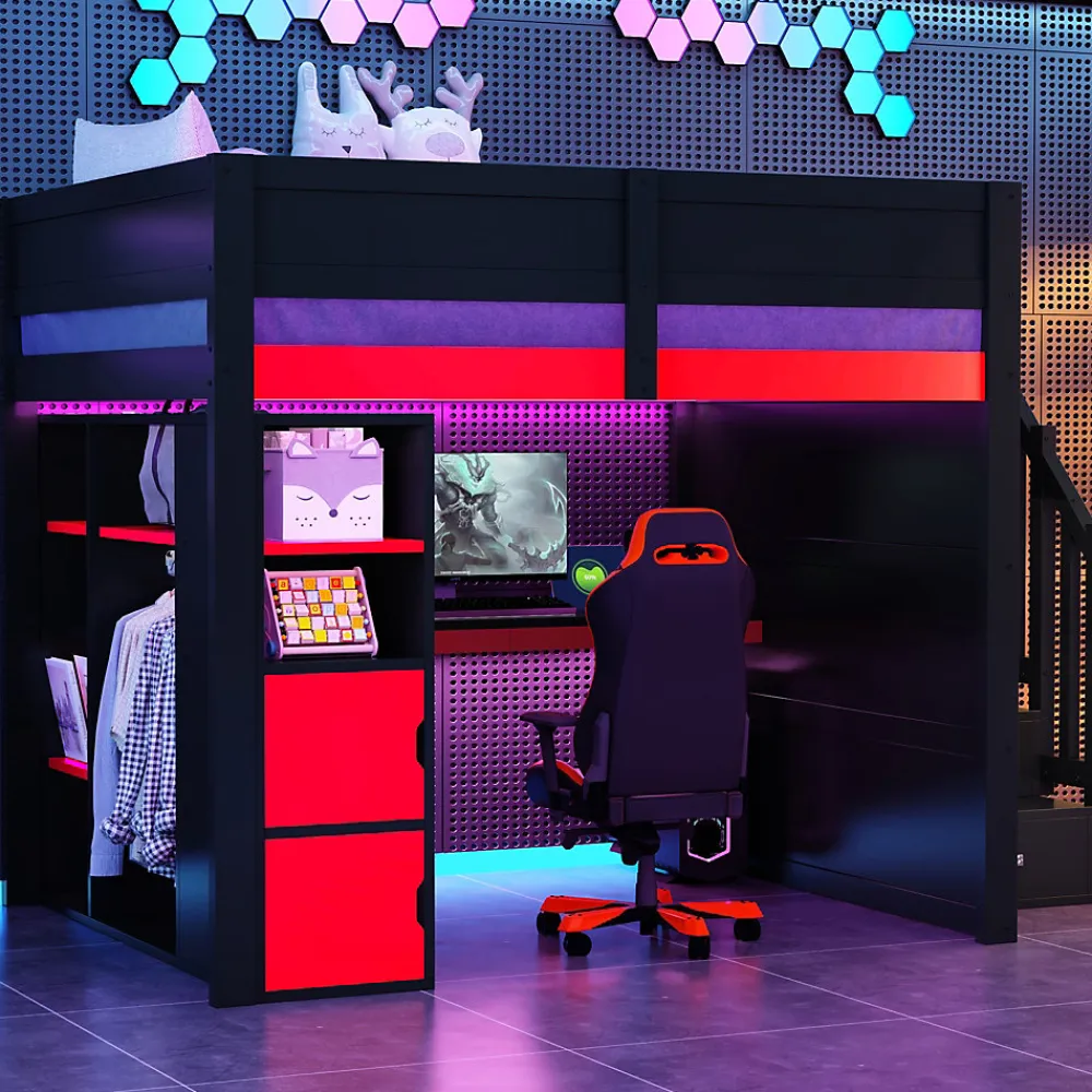 Lit mezzanine en bois 140x200cm avec LED et port USB - Bureau et armoire - Échelle de rangement - Noir+Rouge (sans matelas)>ModernLuxe Sale
