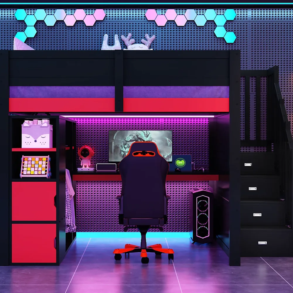 Lit mezzanine en bois 140x200cm avec LED et port USB - Bureau et armoire - Échelle de rangement - Noir+Rouge (sans matelas)>ModernLuxe Sale