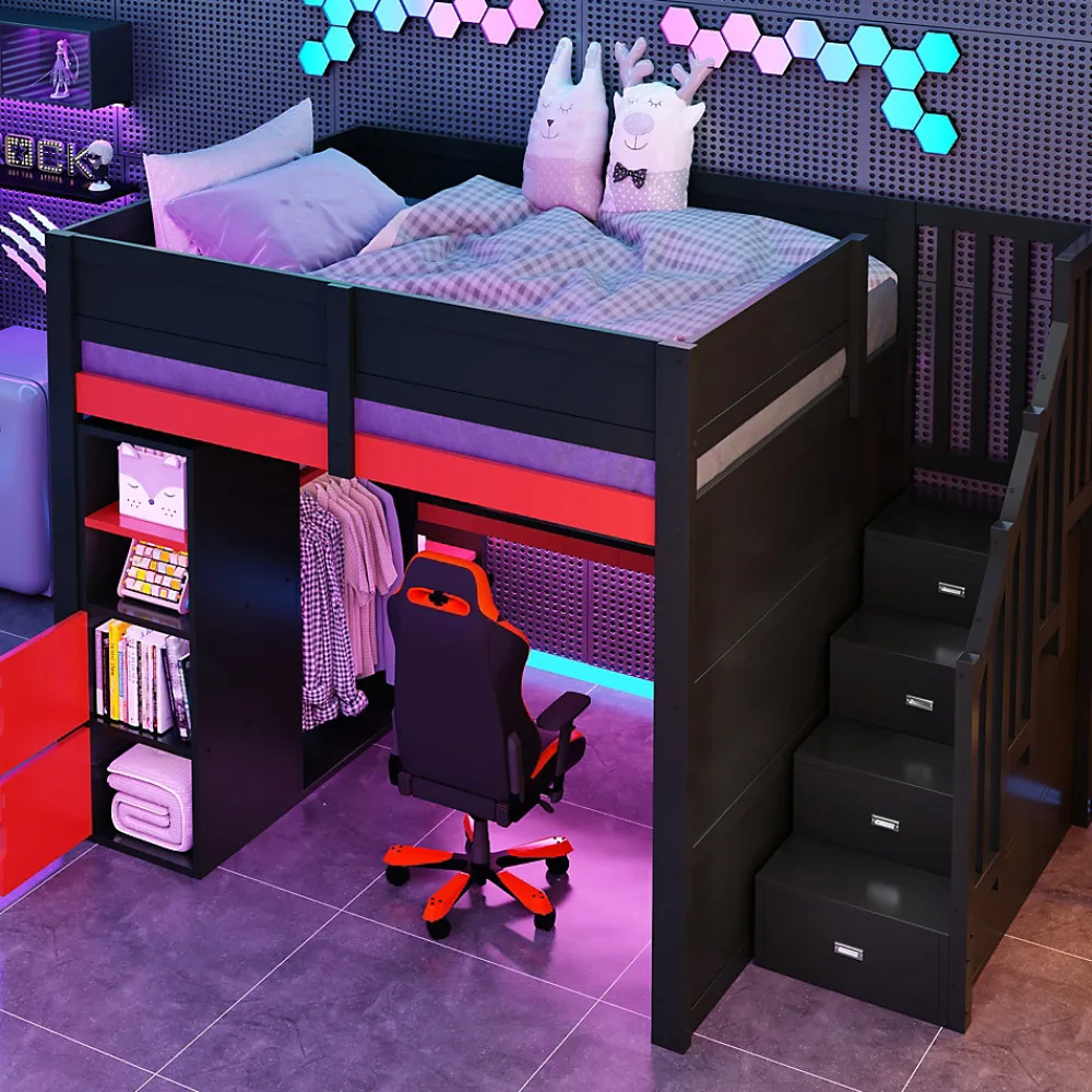 Lit mezzanine en bois 140x200cm avec LED et port USB - Bureau et armoire - Échelle de rangement - Noir+Rouge (sans matelas)>ModernLuxe Sale