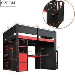 Lit mezzanine en bois 140x200cm avec LED et port USB - Bureau et armoire - Échelle de rangement - Noir+Rouge (sans matelas)><noscript><img width=