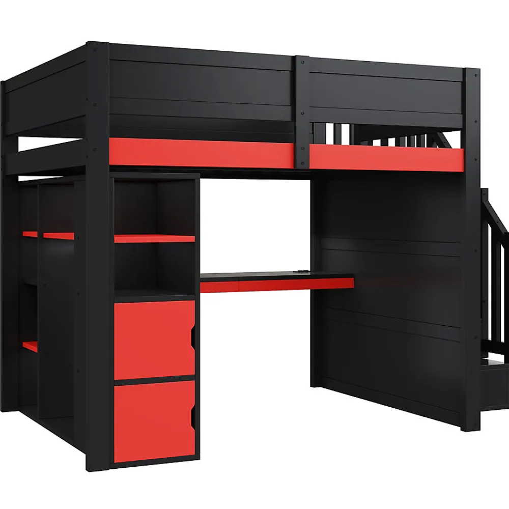 Lit mezzanine en bois 140x200cm avec LED et port USB - Bureau et armoire - Échelle de rangement - Noir+Rouge (sans matelas)>ModernLuxe Sale
