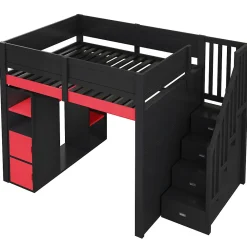 Lit mezzanine en bois 140x200cm avec LED et port USB - Bureau et armoire - Échelle de rangement - Noir+Rouge (sans matelas)><noscript><img width=