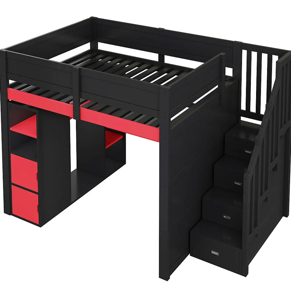 Lit mezzanine en bois 140x200cm avec LED et port USB - Bureau et armoire - Échelle de rangement - Noir+Rouge (sans matelas)>ModernLuxe Sale