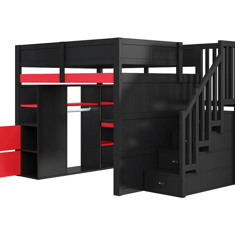 Lit mezzanine en bois 140x200cm avec LED et port USB - Bureau et armoire - Échelle de rangement - Noir+Rouge (sans matelas)>ModernLuxe Sale