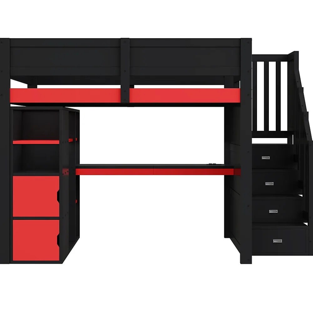Lit mezzanine en bois 140x200cm avec LED et port USB - Bureau et armoire - Échelle de rangement - Noir+Rouge (sans matelas)>ModernLuxe Sale