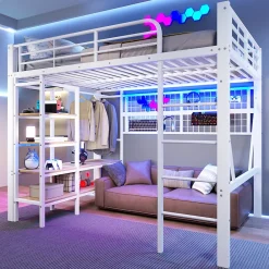 Lit mezzanine en fer 140 x 200 cm avec bande lumineuse LED, compartiment de rangement, tringle à vêtements, sans matelas, blanc>Seyakany Hot
