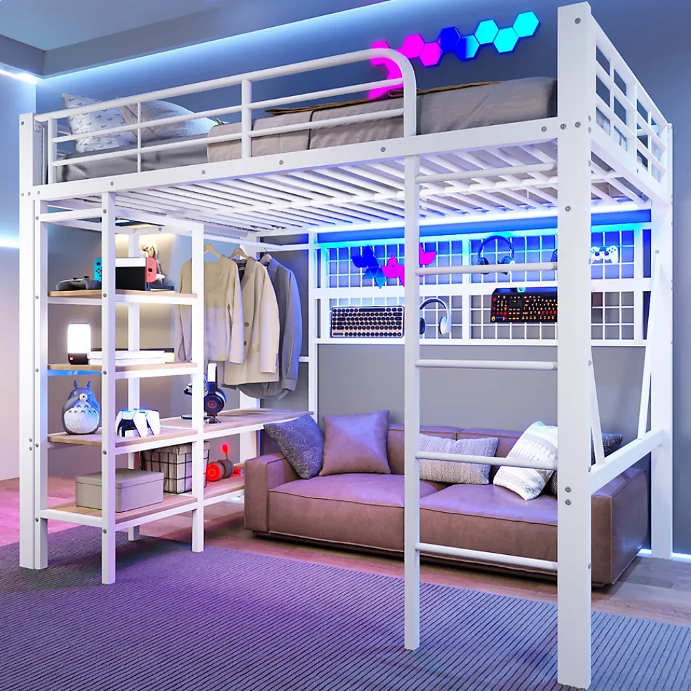Lit mezzanine en fer 140 x 200 cm avec bande lumineuse LED, compartiment de rangement, tringle à vêtements, sans matelas, blanc>Seyakany Hot