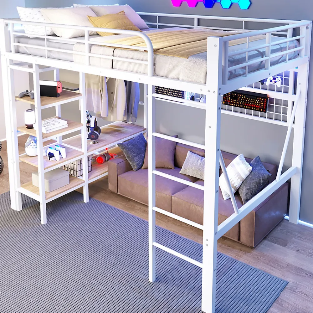 Lit mezzanine en fer 140 x 200 cm avec bande lumineuse LED, compartiment de rangement, tringle à vêtements, sans matelas, blanc>Seyakany Hot