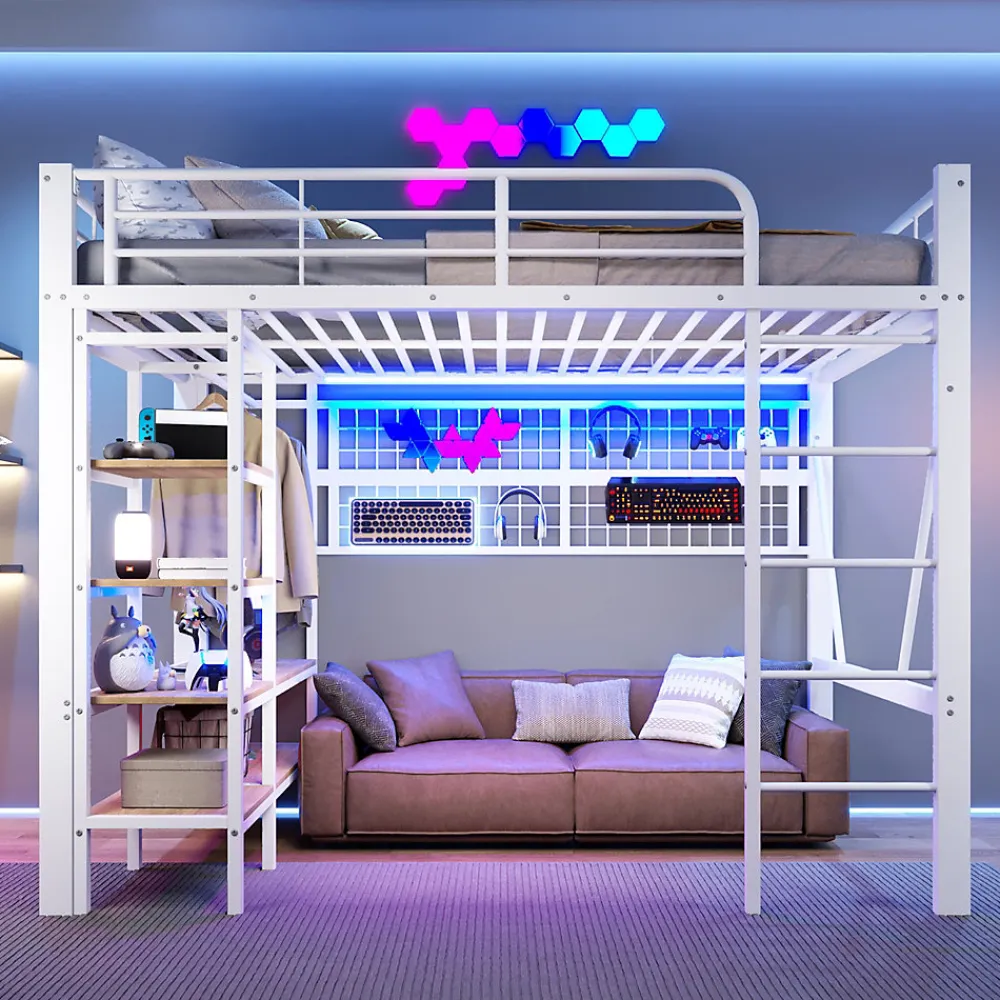 Lit mezzanine en fer 140 x 200 cm avec bande lumineuse LED, compartiment de rangement, tringle à vêtements, sans matelas, blanc>Seyakany Hot
