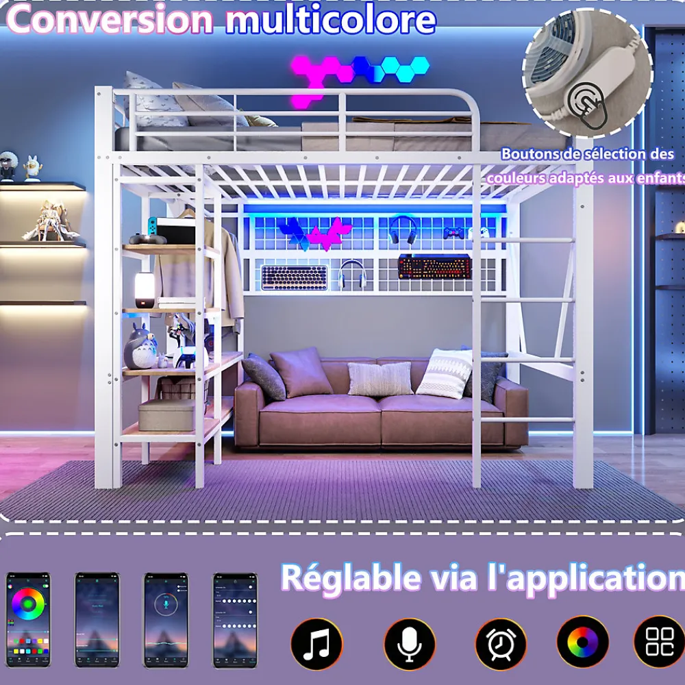 Lit mezzanine en fer 140 x 200 cm avec bande lumineuse LED, compartiment de rangement, tringle à vêtements, sans matelas, blanc>Seyakany Hot