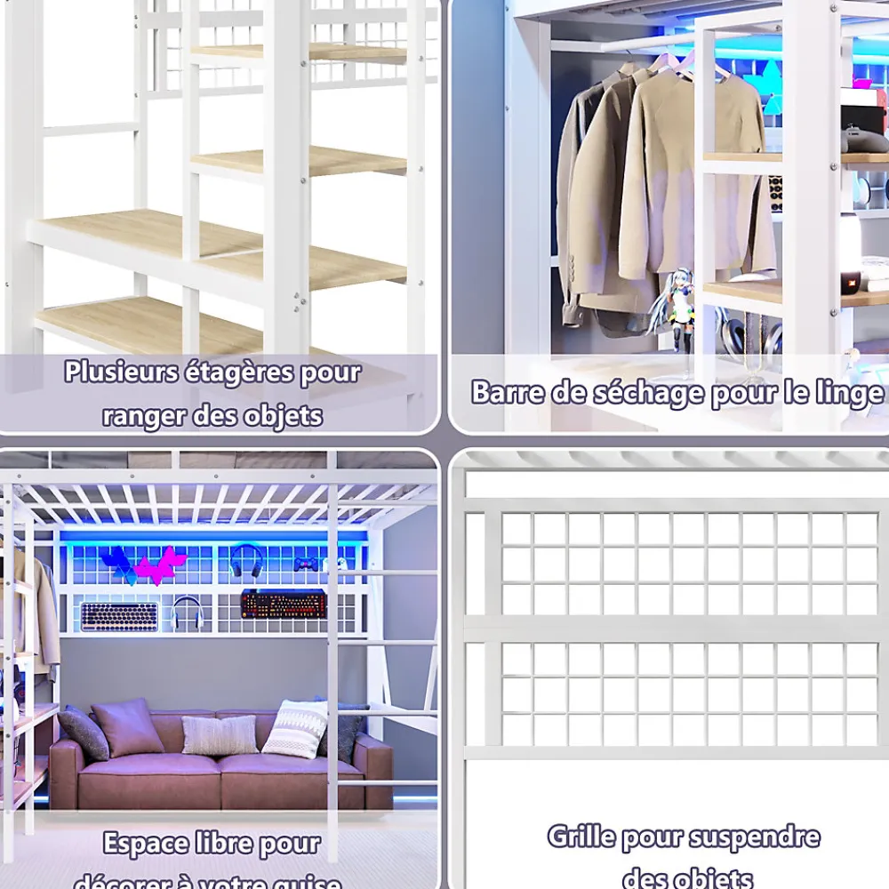 Lit mezzanine en fer 140 x 200 cm avec bande lumineuse LED, compartiment de rangement, tringle à vêtements, sans matelas, blanc>Seyakany Hot